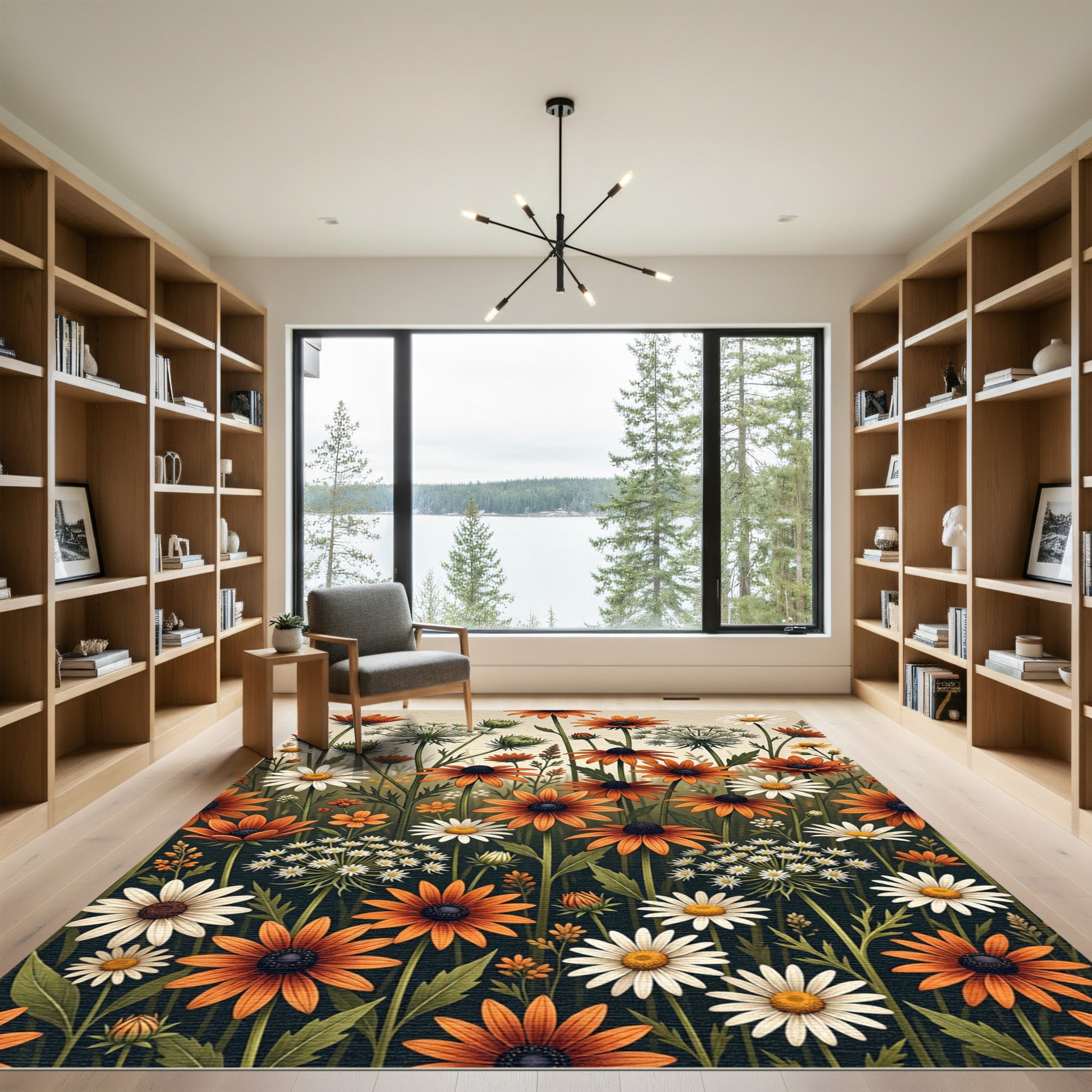 Meadow Wildflower Botanical Orange White Floral Rug