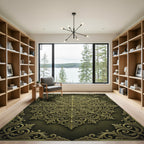 Ornate Olive Golden Filigree Scroll Medallion Rug