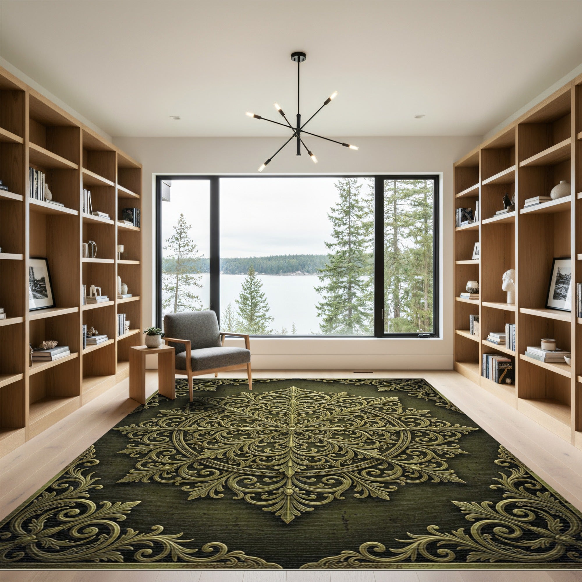 Ornate Olive Golden Filigree Scroll Medallion Rug