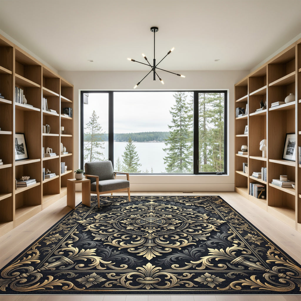 Ornate Golden Filigree Charcoal Damask Rug