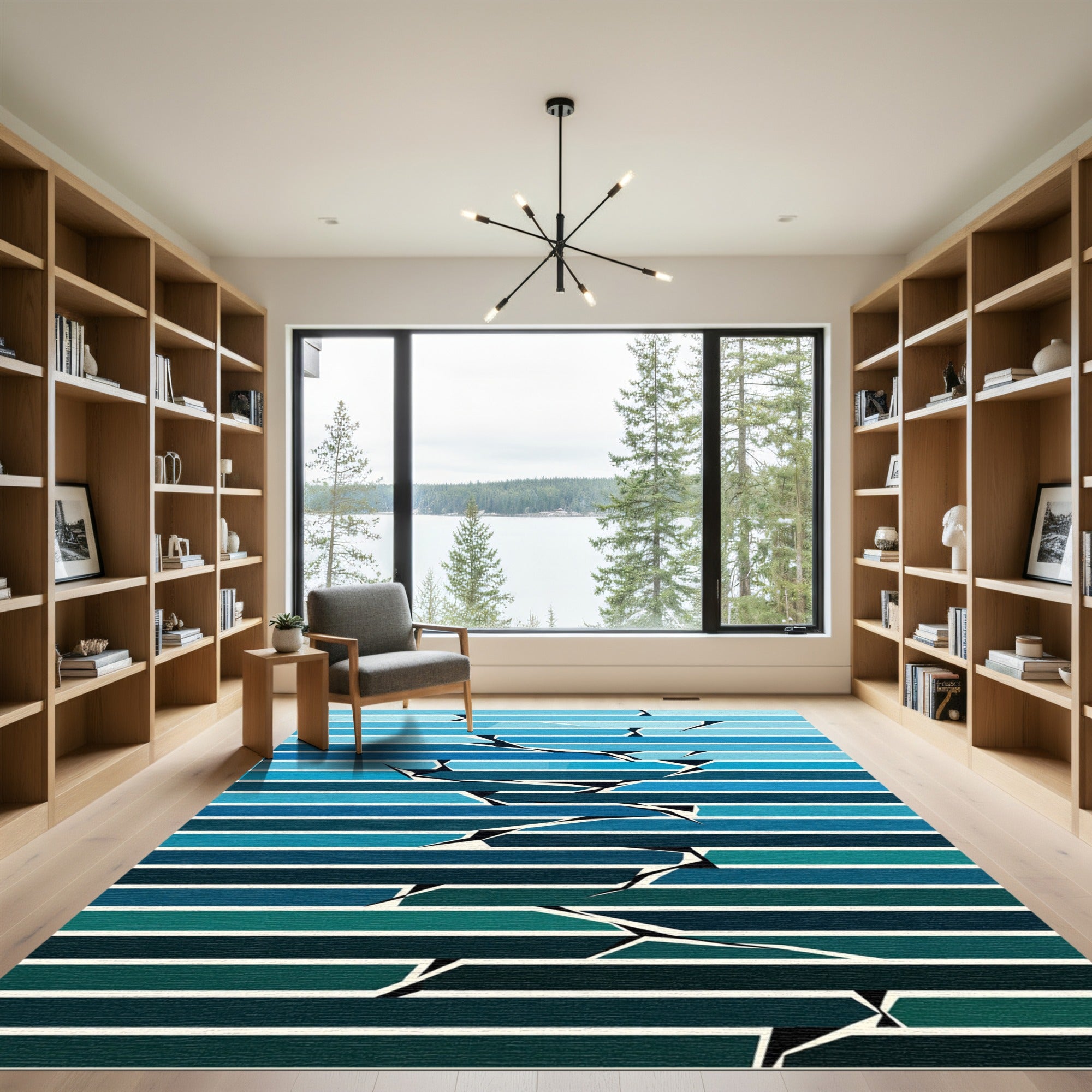 Deep Teal Blue Gradient Shattered Lines Rug