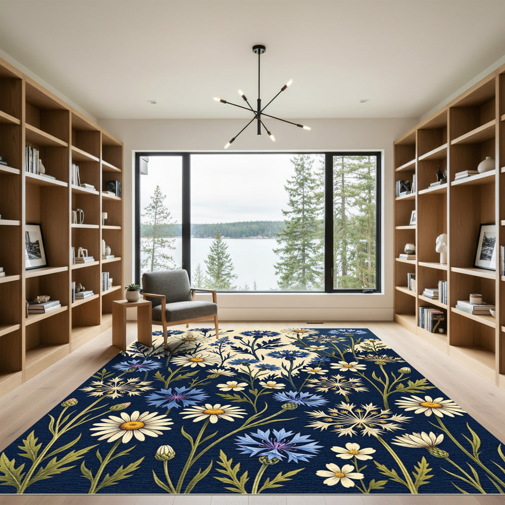 Navy Meadow Cornflower and Daisy Illustration Rug