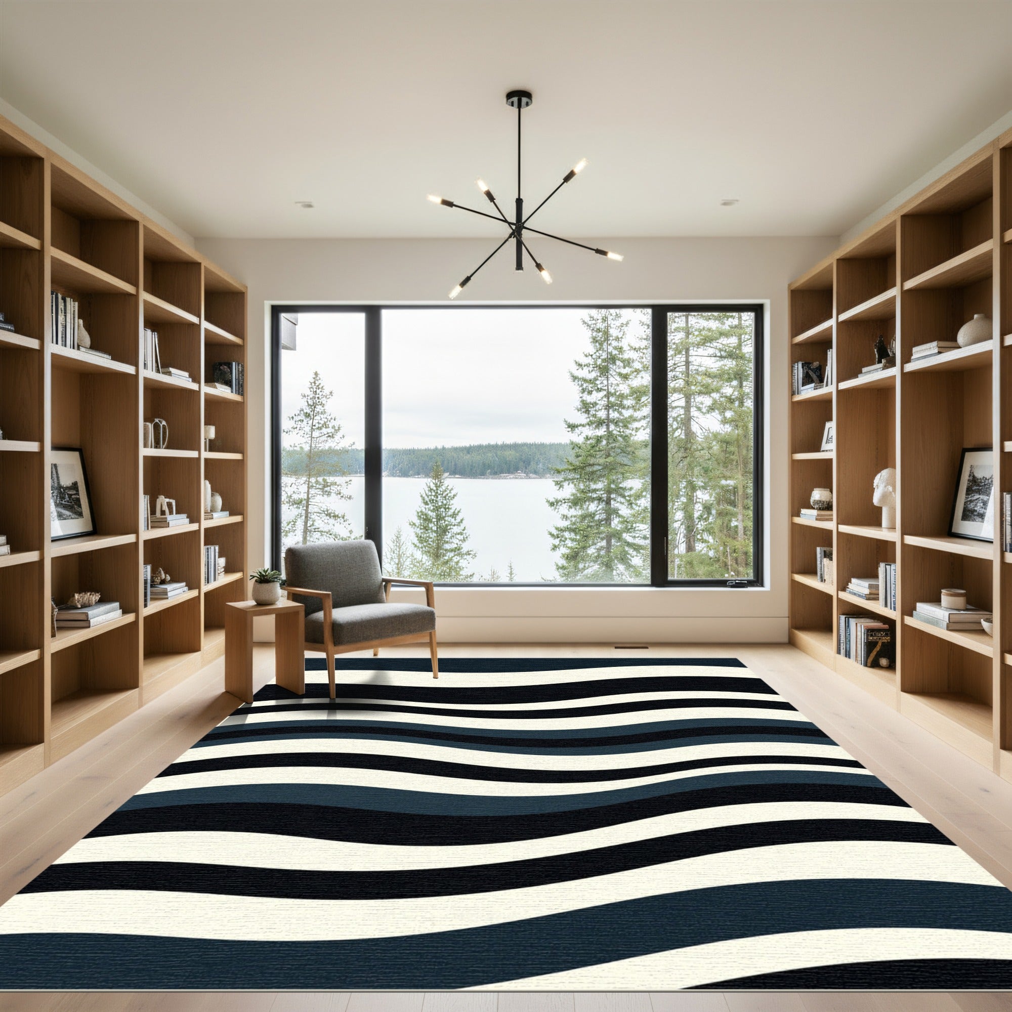Dark Blue Ivory Wavy Stripes Rug