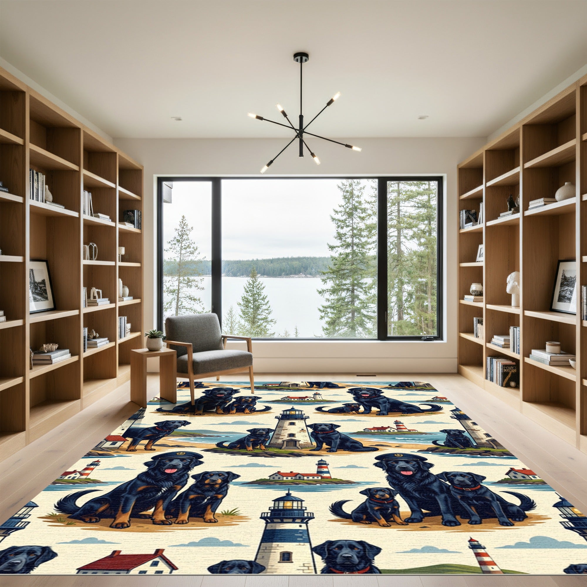 Coastal Lighthouse and Black Dog Art Rug
