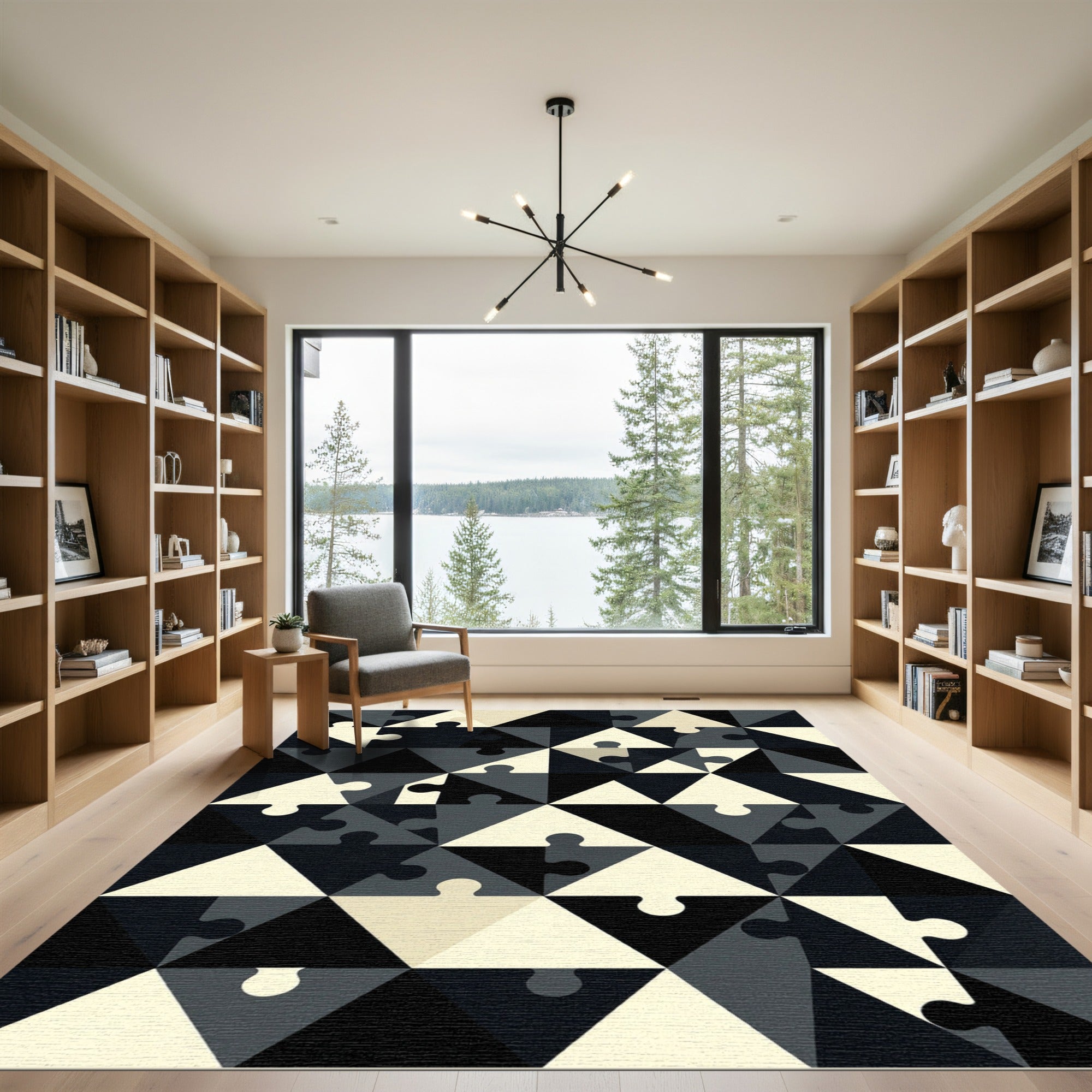 Monochrome Geometric Jigsaw Triangle Abstract Rug