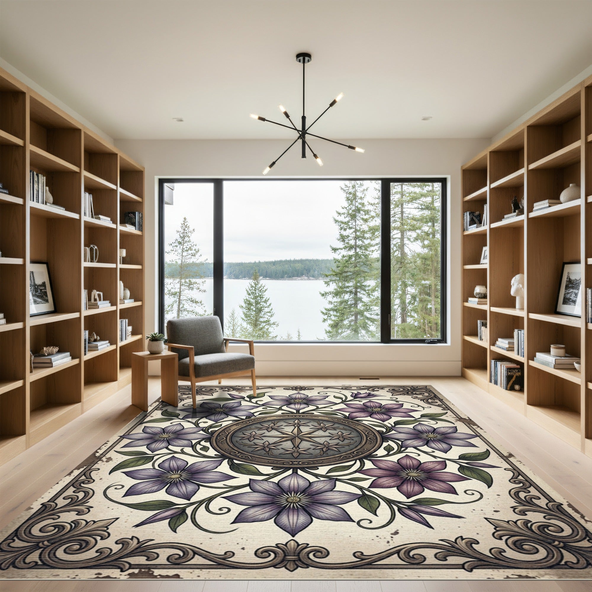 Vintage Violet Clematis Floral Compass Rug