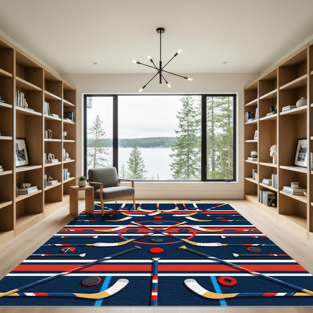 Geometric Hockey Stick and Puck Stripe Rug