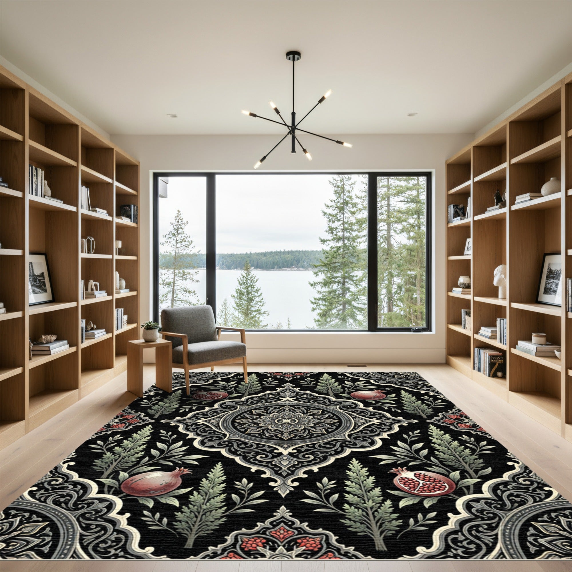 Elegant Black Pomegranate Floral Medallion Rug