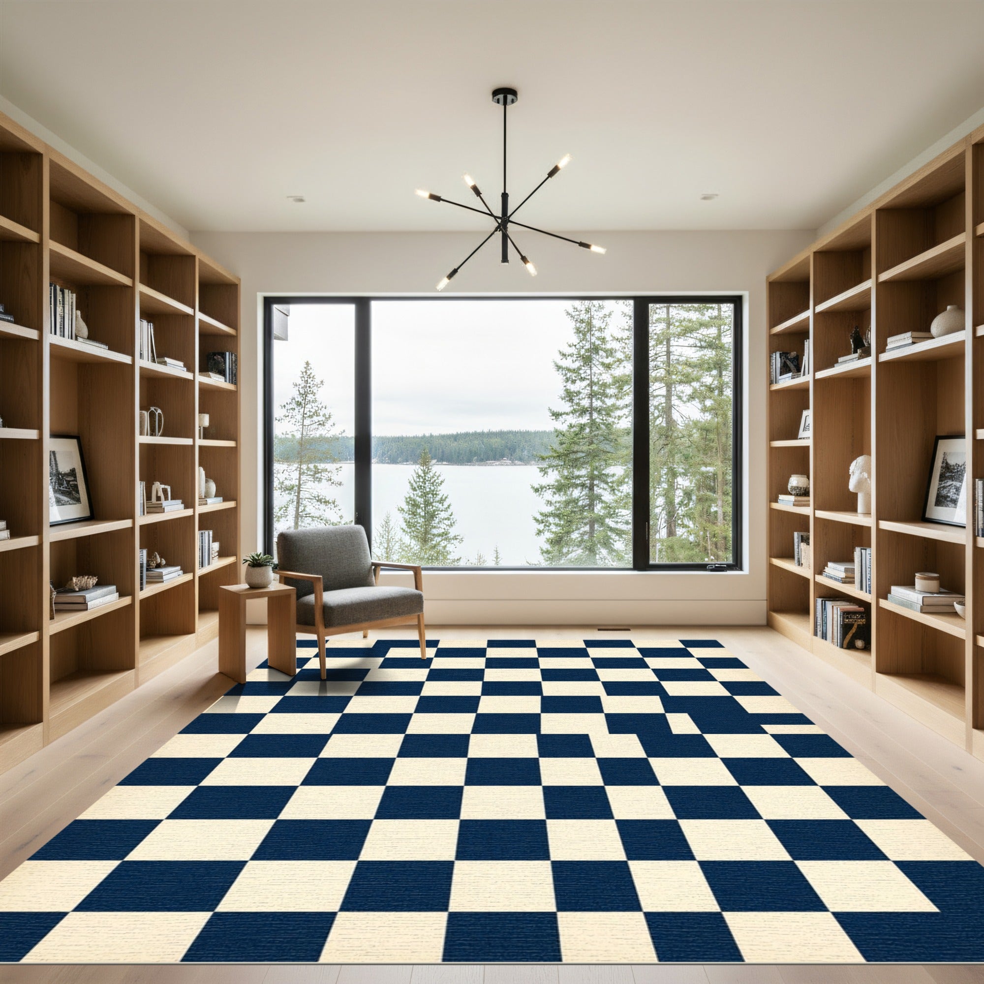 Modern Navy and Cream Distorted Checkered Rug