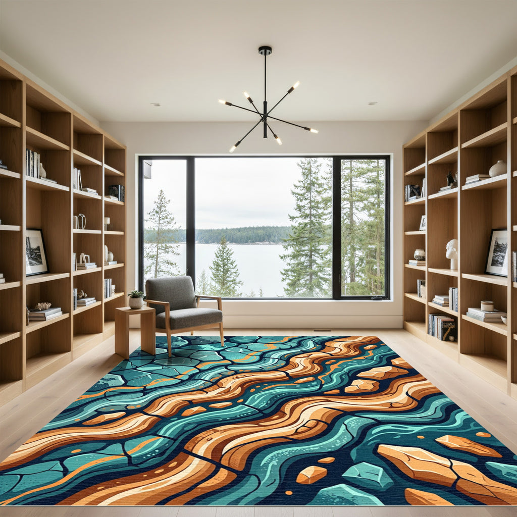Teal Orange Cracked Earth Wave Rug