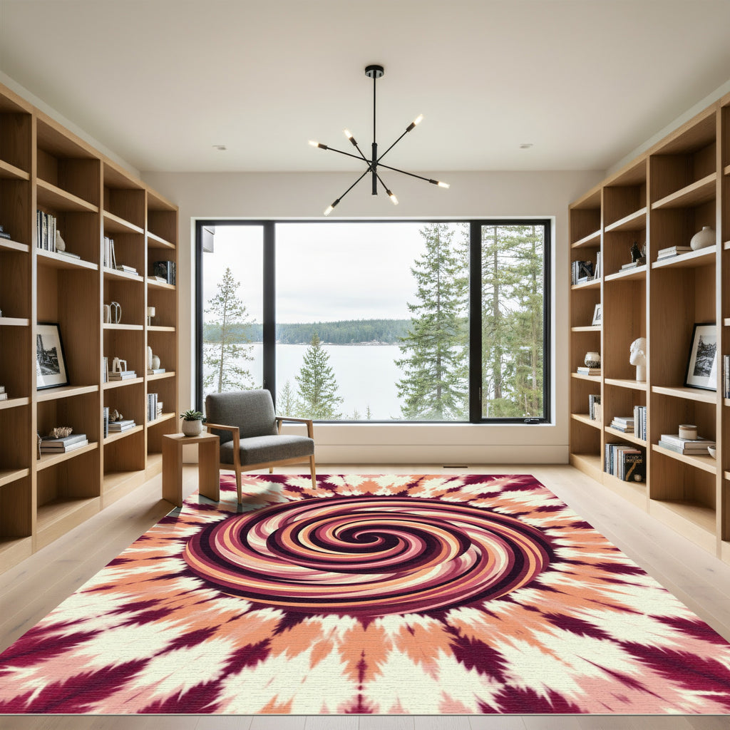 Swirling Burgundy Orange Abstract Spiral Rug