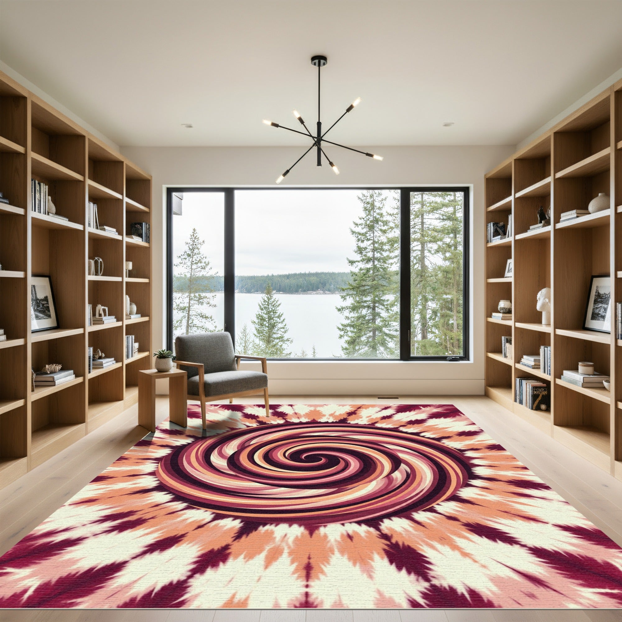 Swirling Burgundy Orange Abstract Spiral Rug