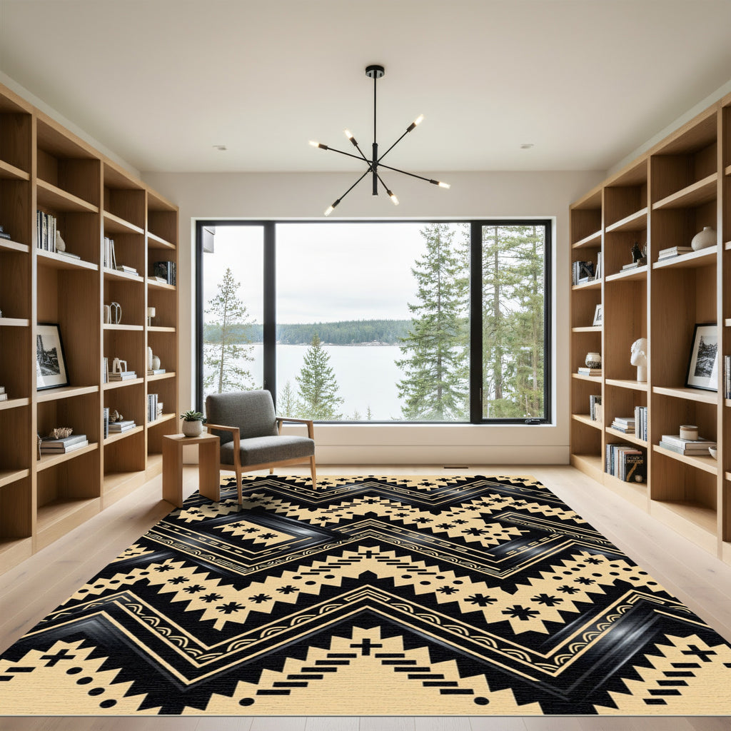Geometric Black and Gold Chevron Tapestry Rug