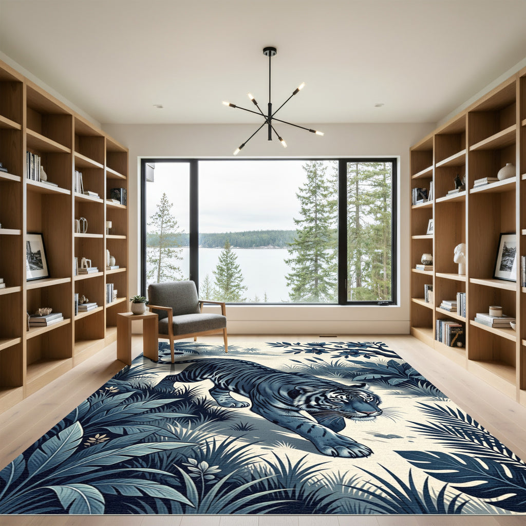 Midnight Blue Tiger Jungle Scene Rug