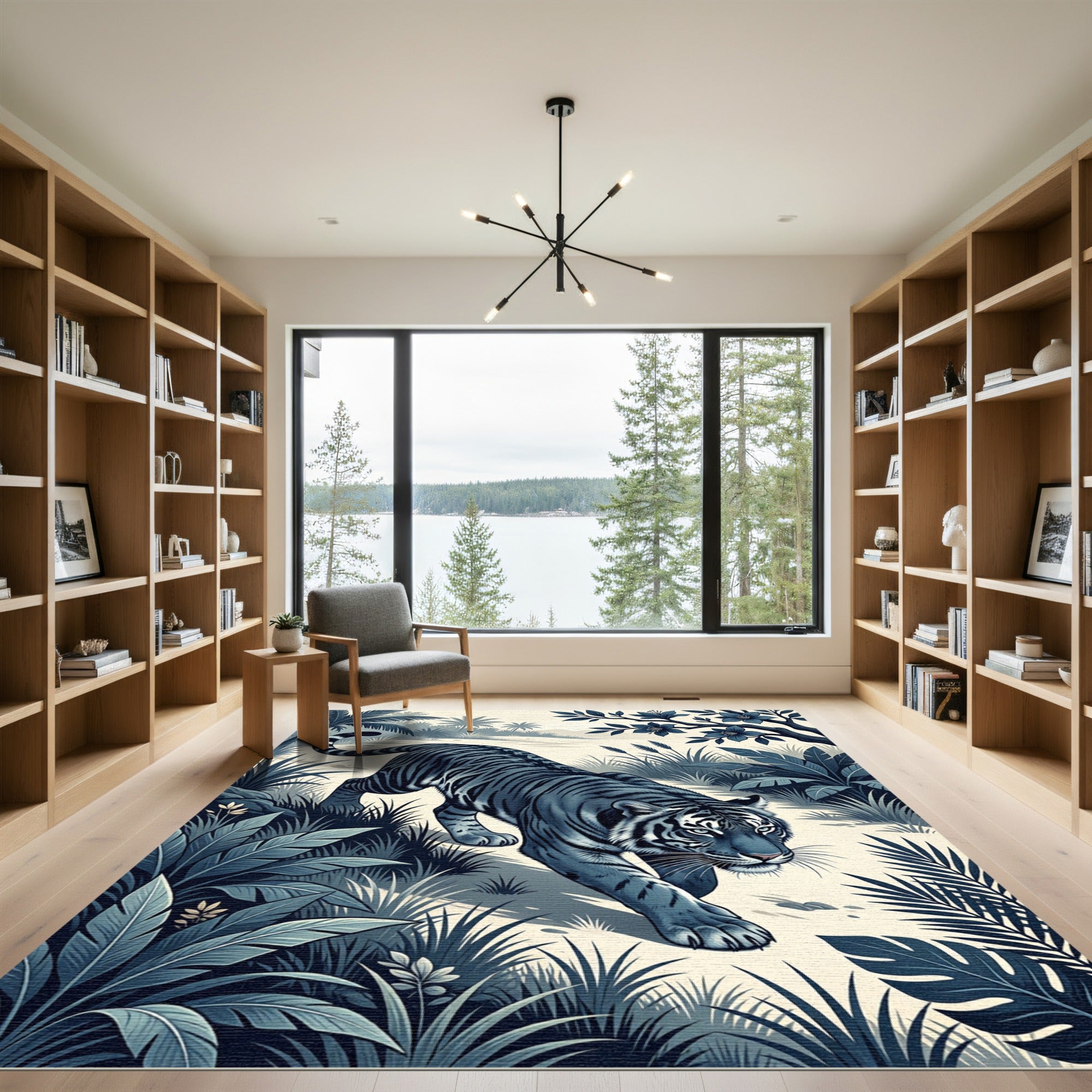 Midnight Blue Tiger Jungle Scene Rug