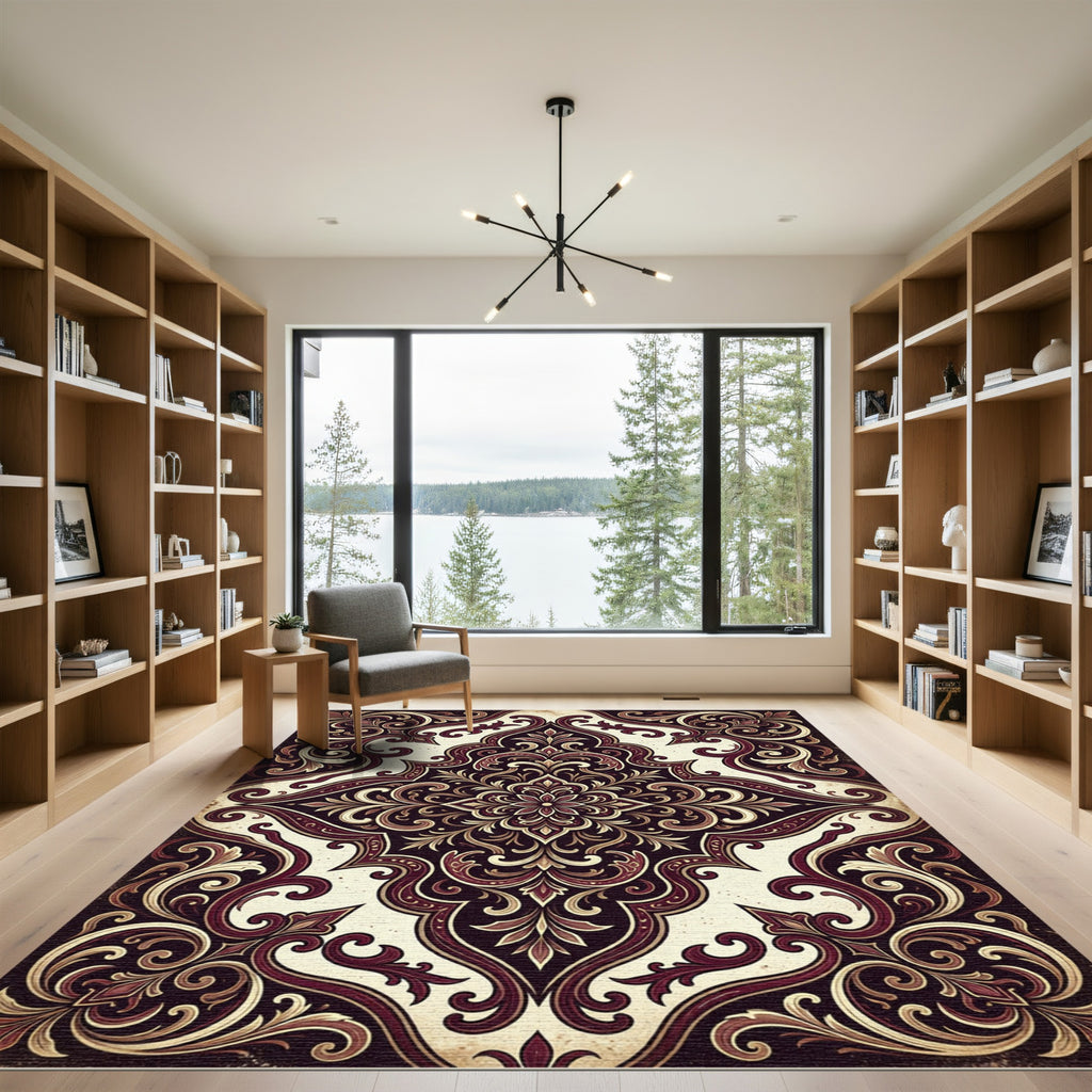 Rich Burgundy Floral Medallion Scroll Rug