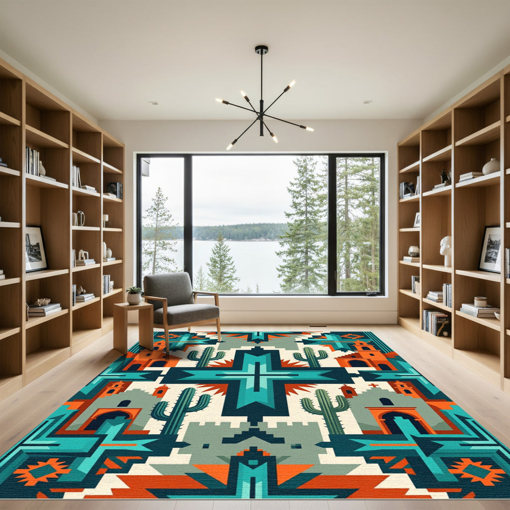 Desert Turquoise Orange Geometric Architecture Rug