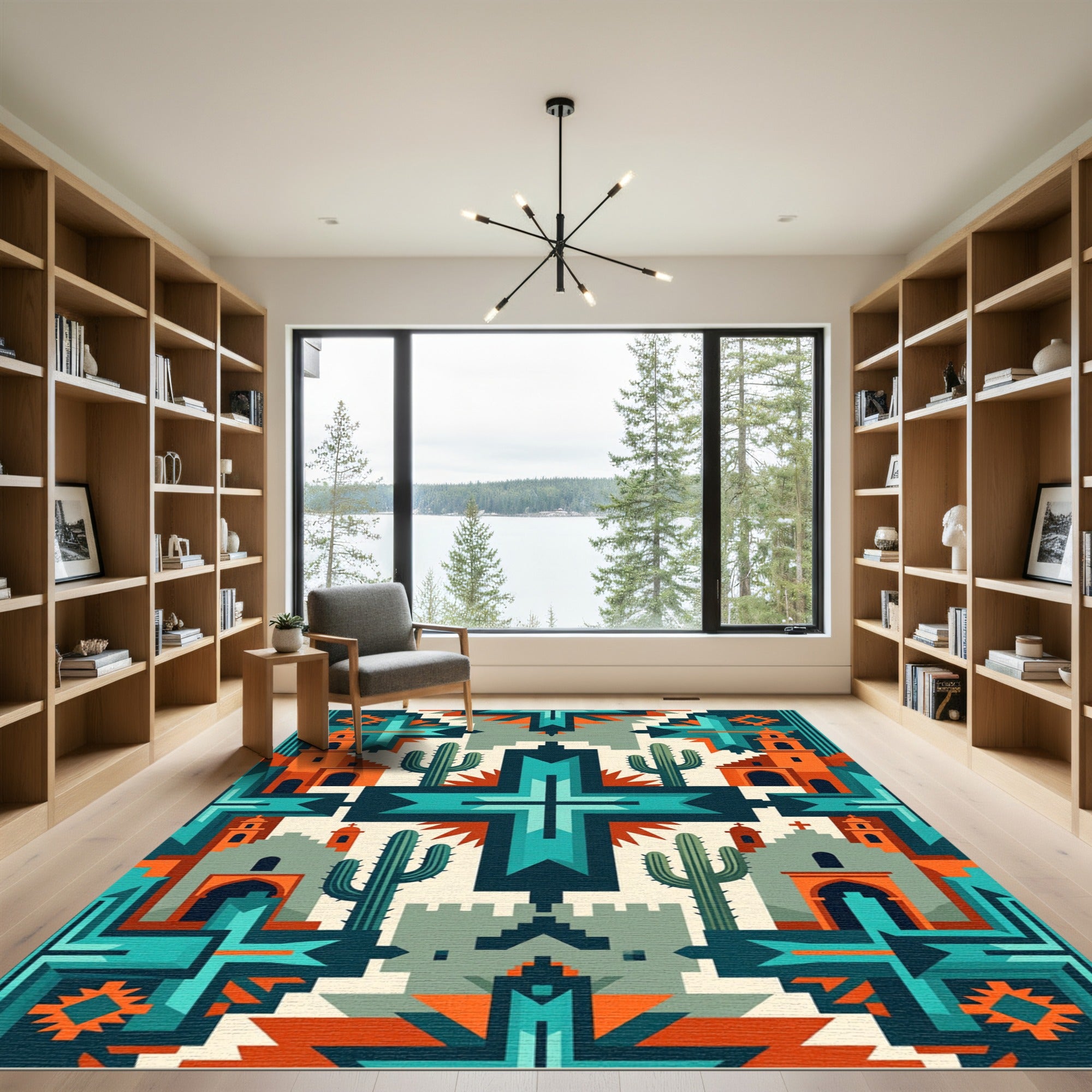 Desert Turquoise Orange Geometric Architecture Rug