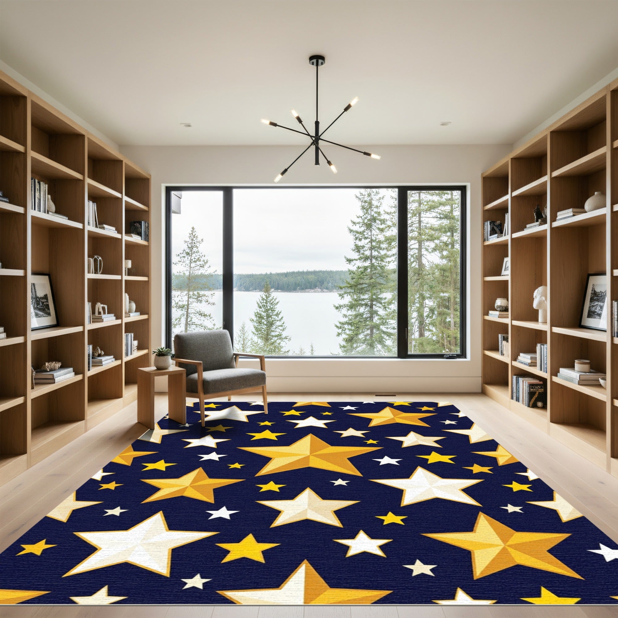 Golden White Stars Dark Blue Rug