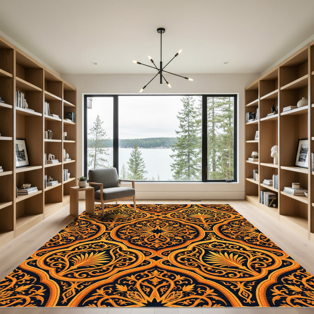 Golden Black Ornate Floral Arabesque Rug