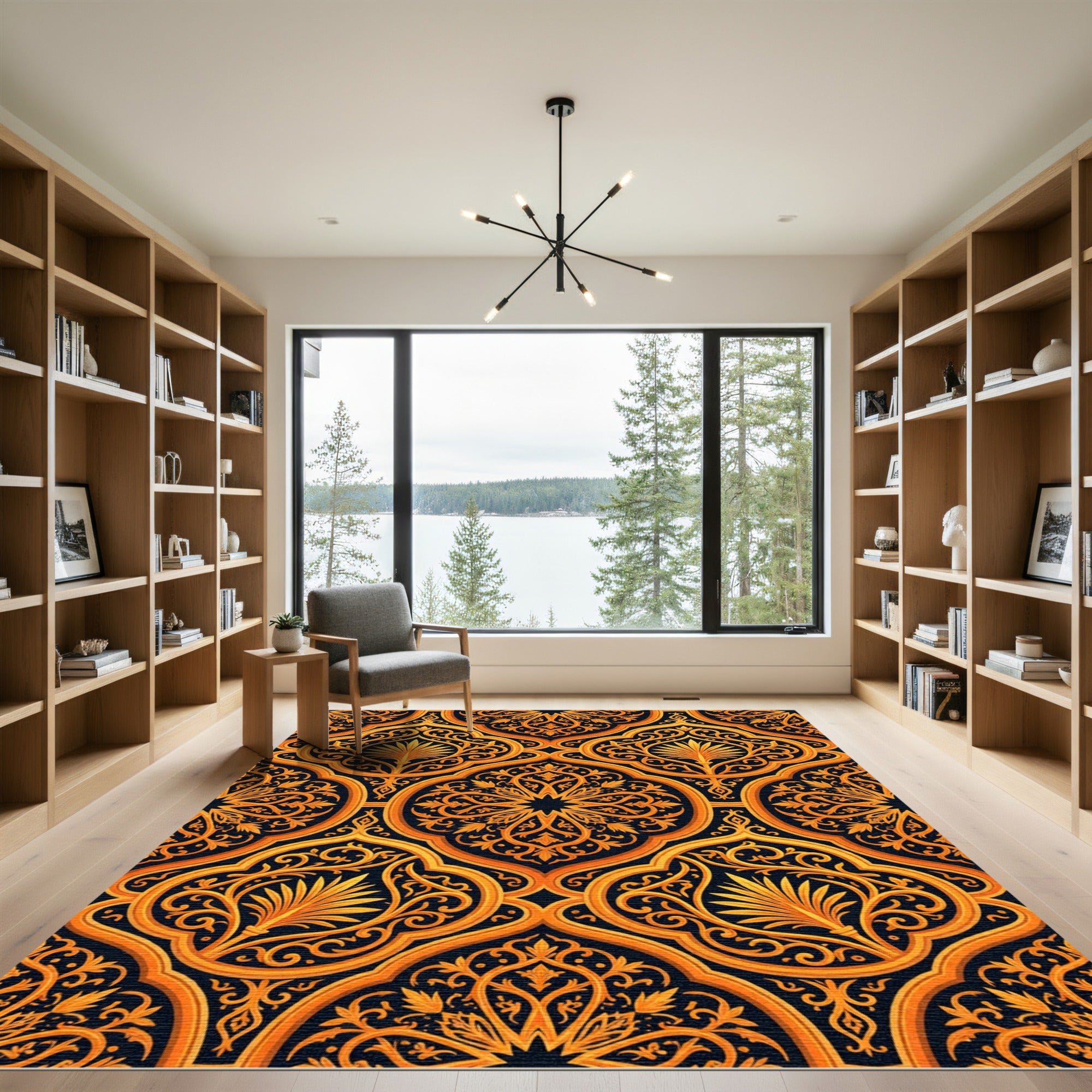 Golden Black Ornate Floral Arabesque Rug