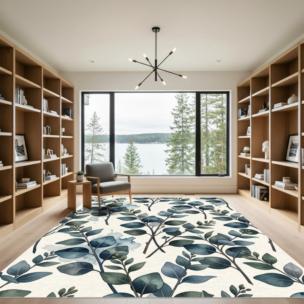 Watercolor Teal Eucalyptus Leaves Botanical Rug
