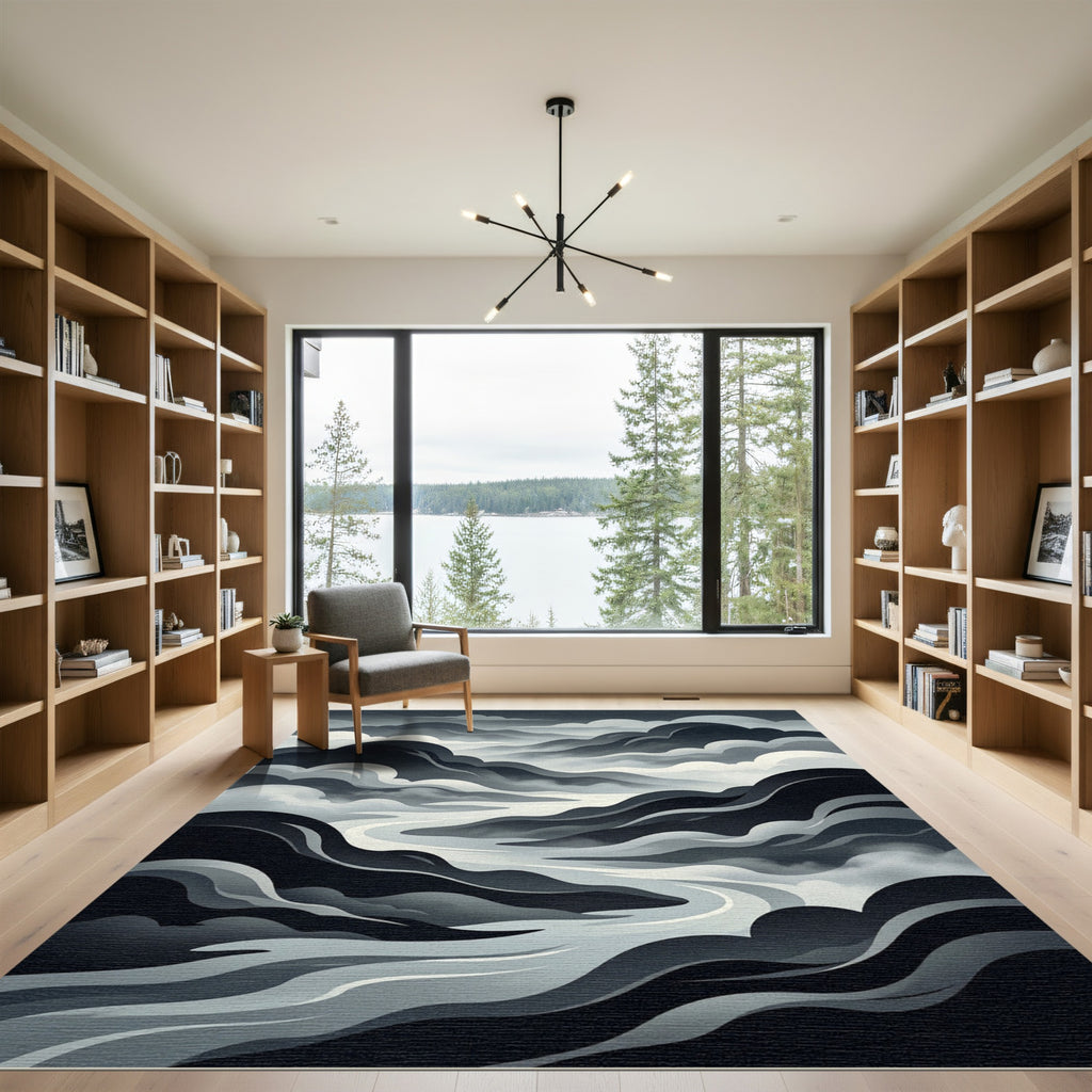 Monochromatic Misty Mountain River Rug