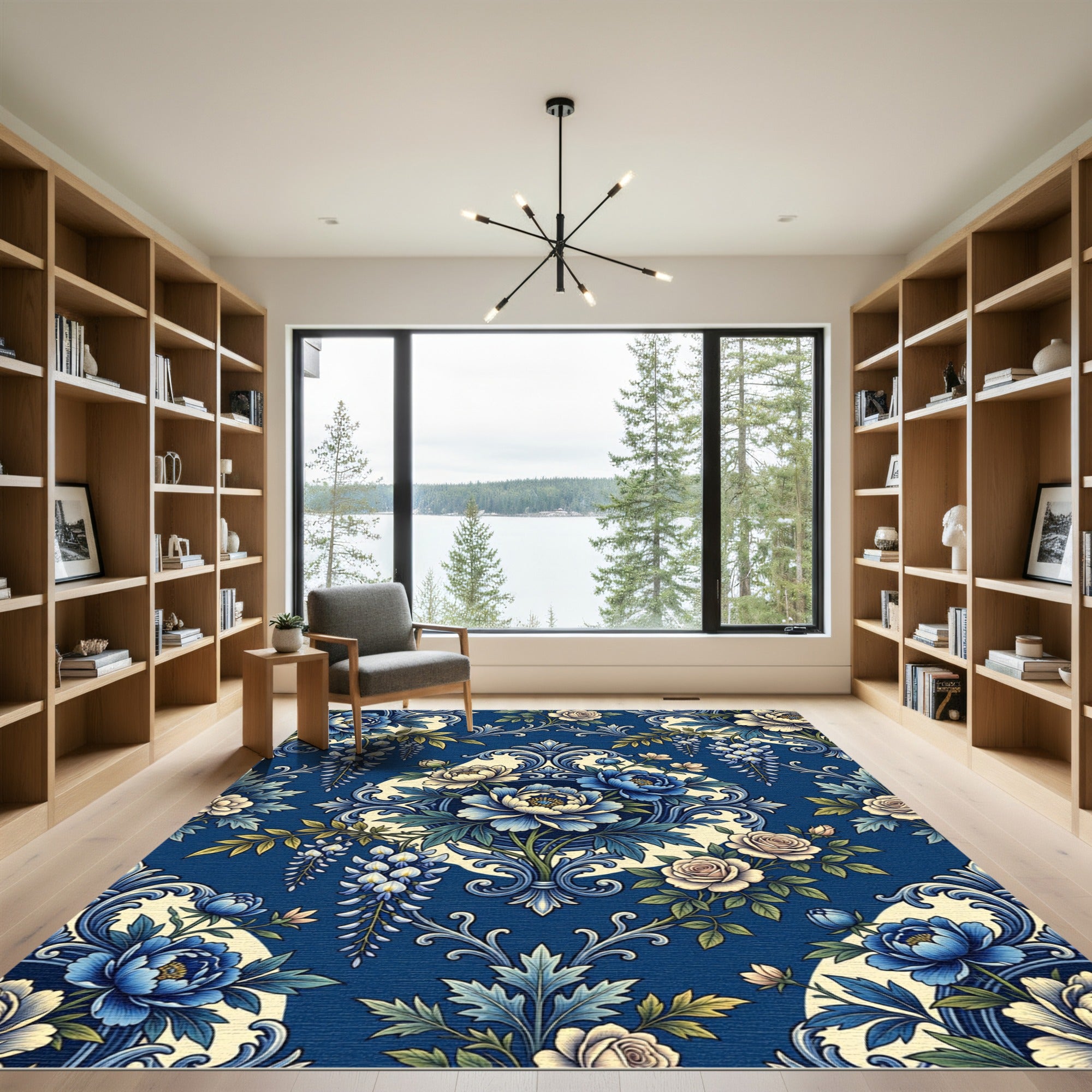 Royal Blue Floral Scrollwork Medallion Rug