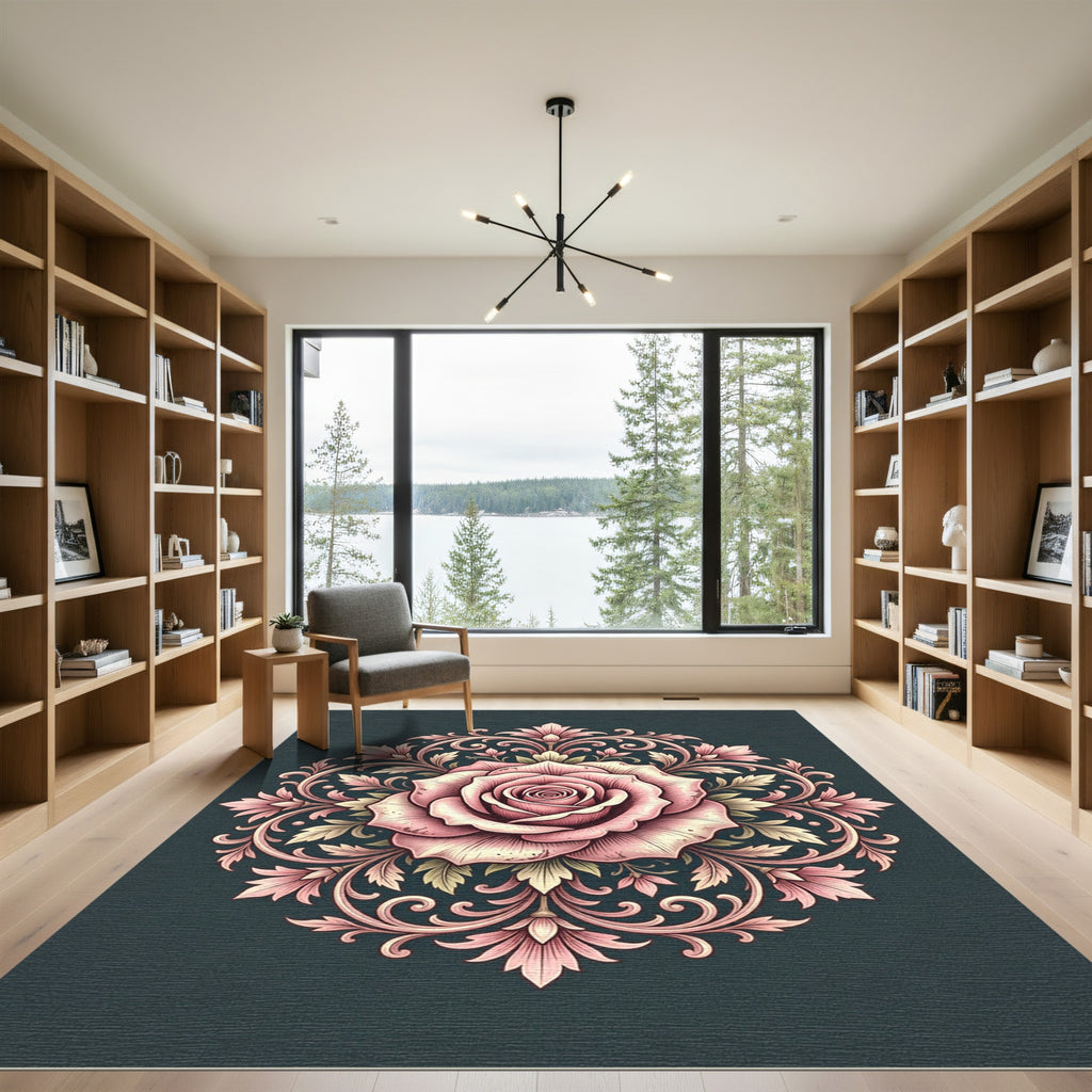 Romantic Pink Rose Mandala Scroll Rug
