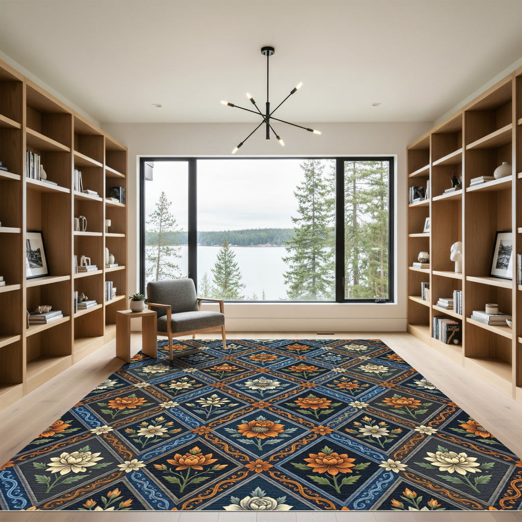 Ornate Navy Floral Diamond Lattice Rug
