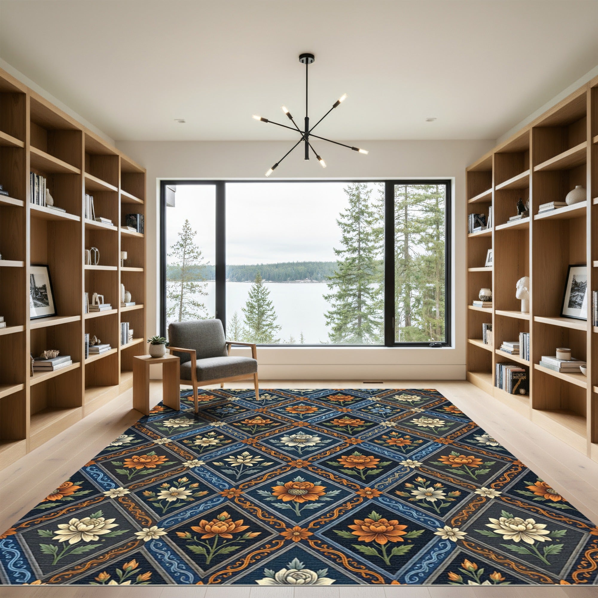 Ornate Navy Floral Diamond Lattice Rug