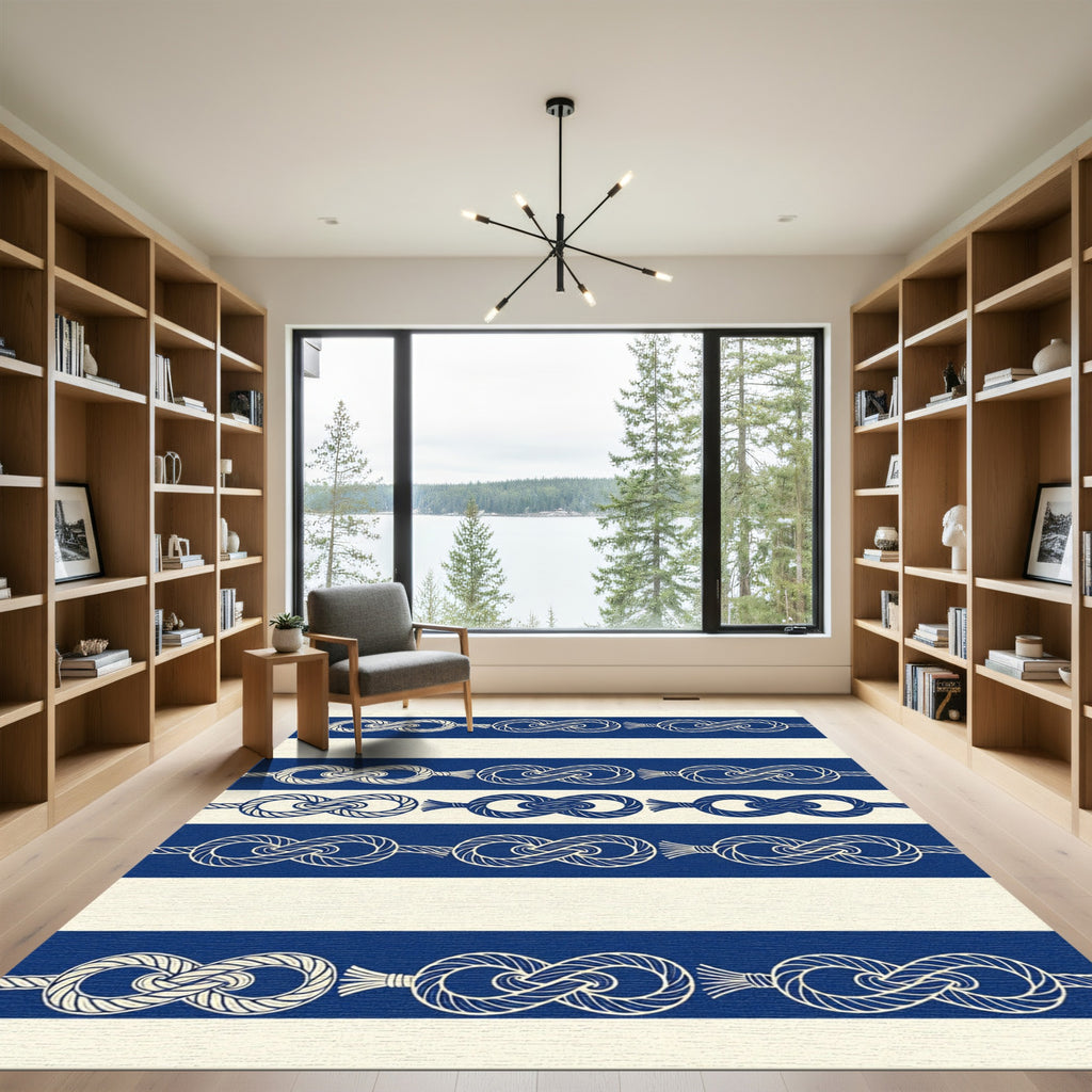 Navy Blue Striped Nautical Knot Rug
