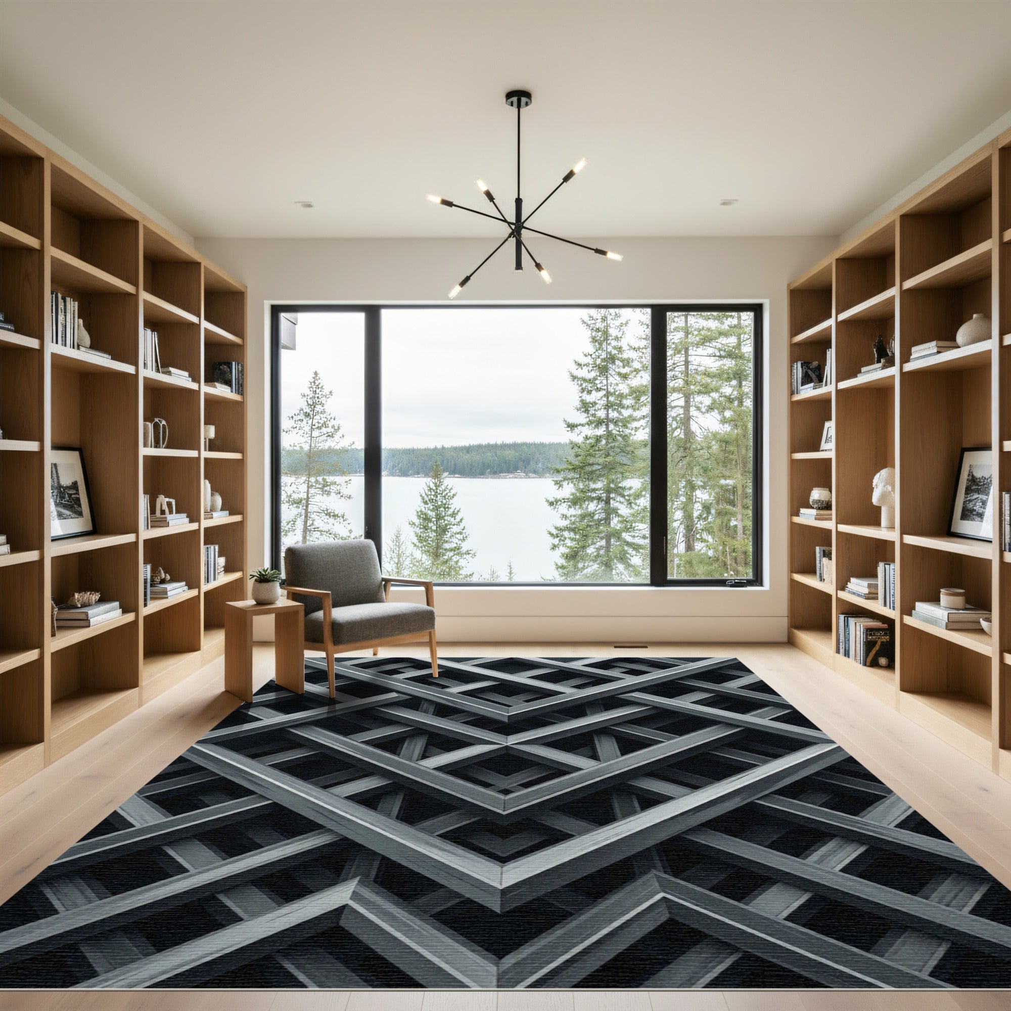 Monochrome Geometric Metallic Intersecting Lattice Rug