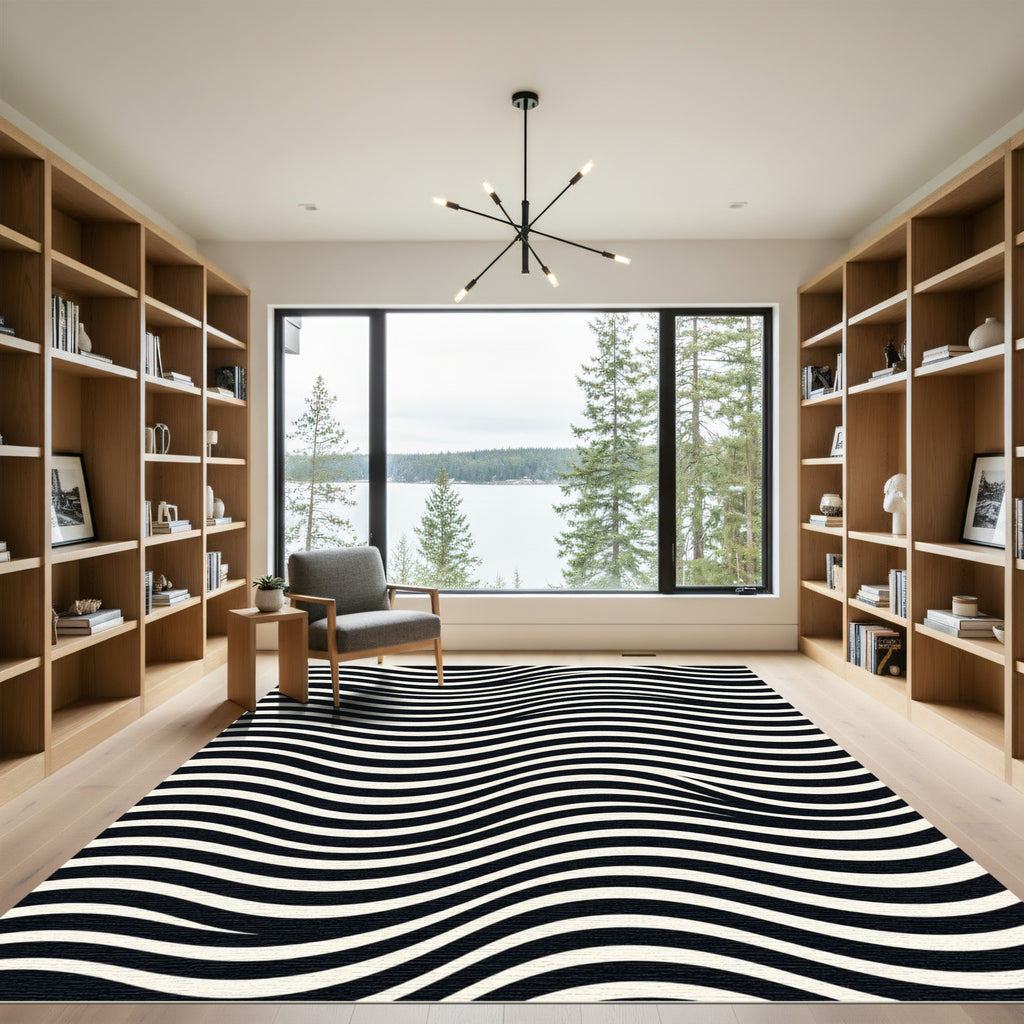 Black White Wavy Stripe Illusion Rug