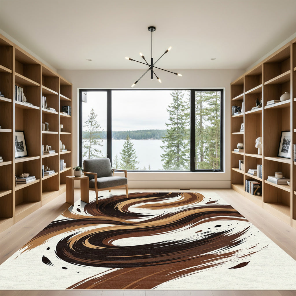 Earthy Brown Swirl Abstract Brushstroke Rug