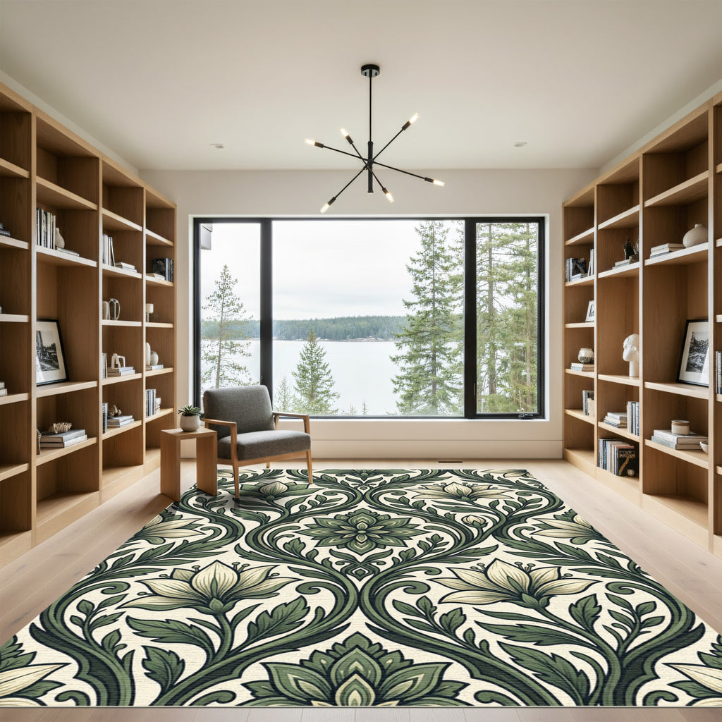 Elegant Sage Green Victorian Botanical Tapestry Rug