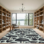 Monochromatic Botanical Mushroom Illustration Art Rug