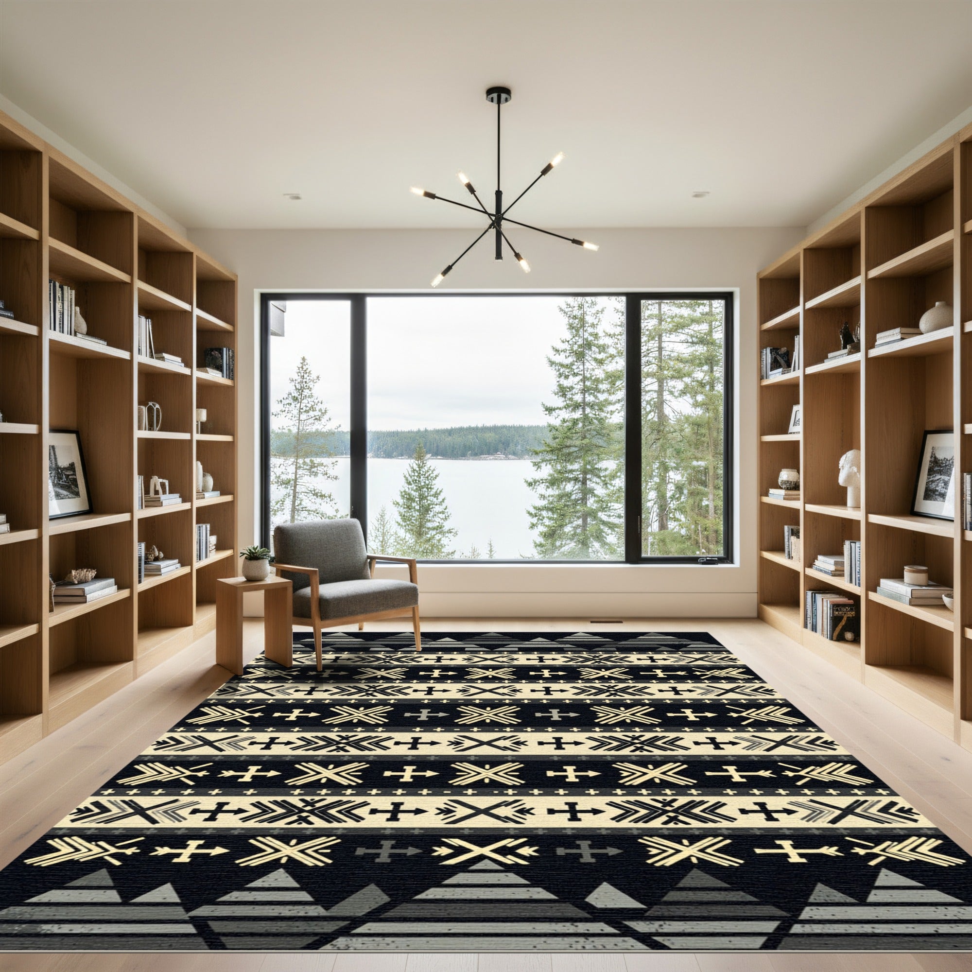 Monochromatic Geometric Tribal Arrow Cream Black Rug