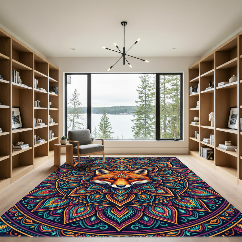 Vibrant Red Fox Mandala Art Rug