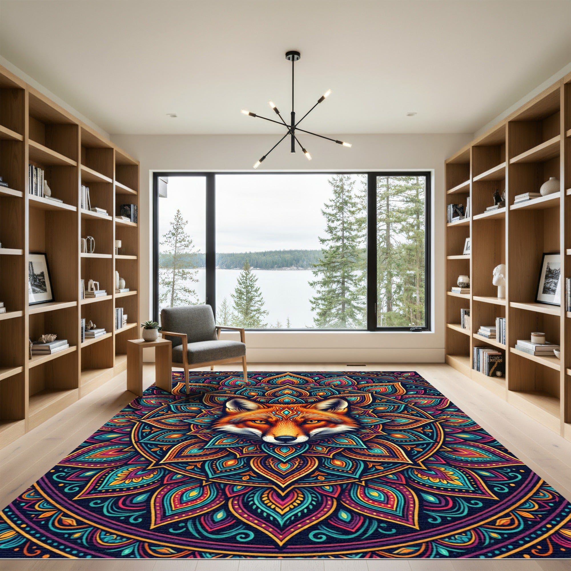 Vibrant Red Fox Mandala Art Rug