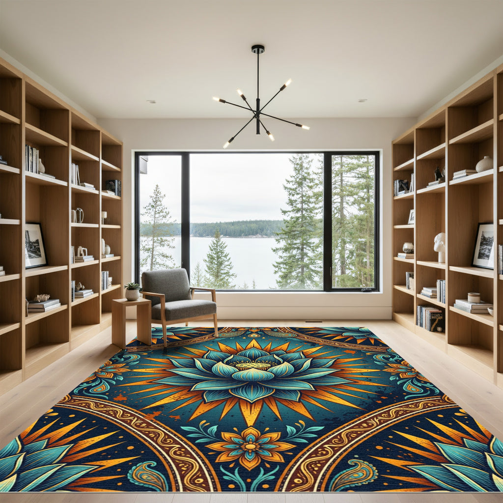 Radiant Teal Lotus Golden Sunburst Rug