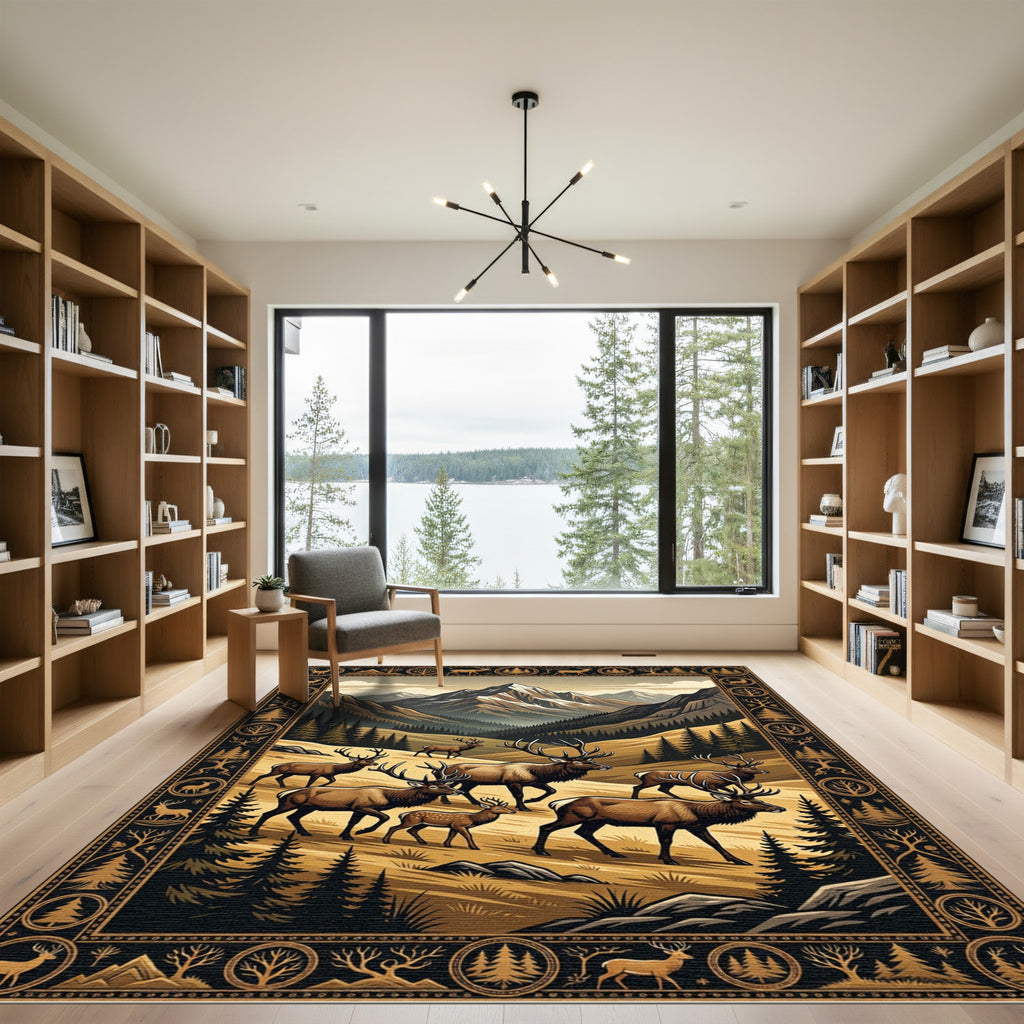 Rustic Elk Mountains Earth Tone Landscape Rug