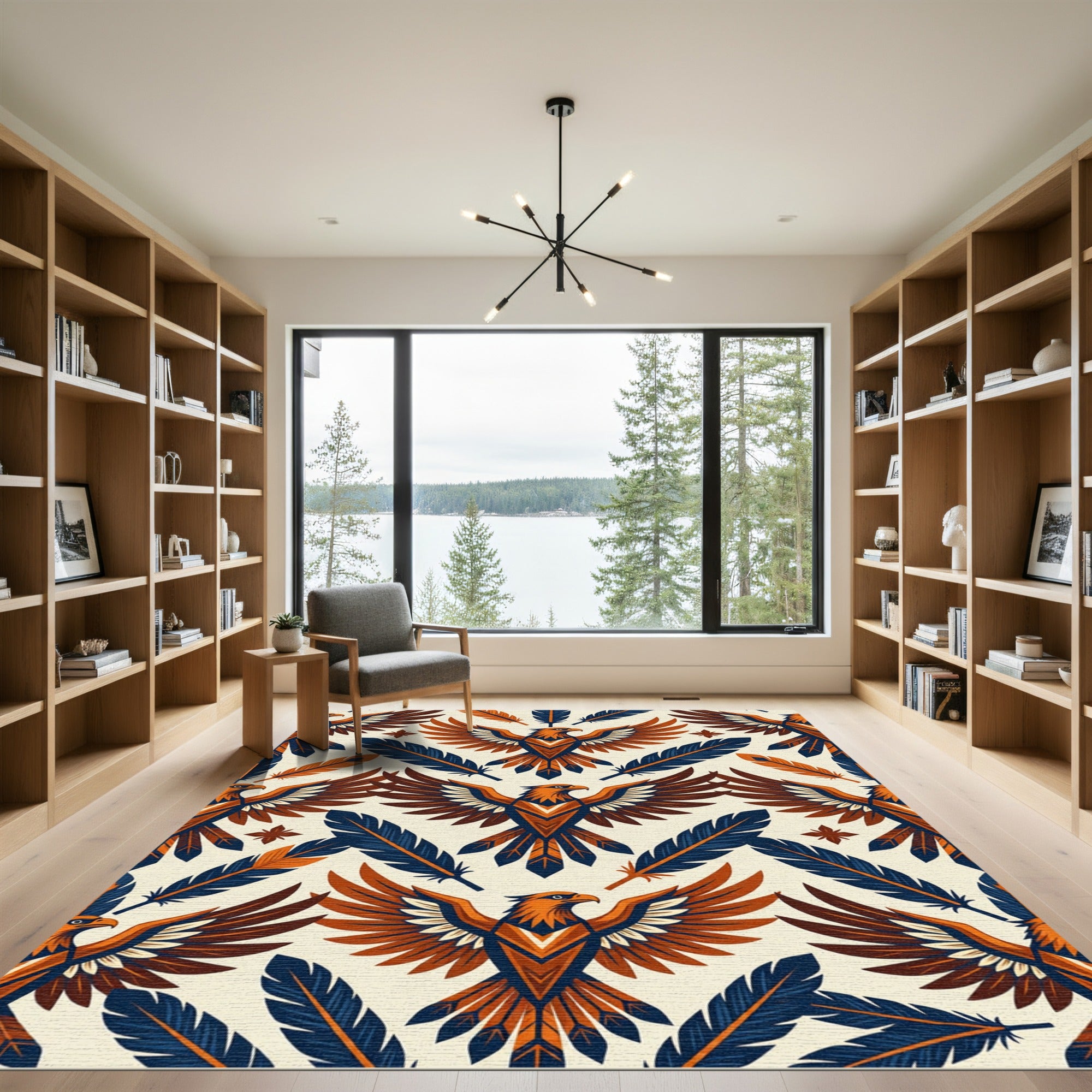 Geometric Eagle and Feather Art Deco Rug