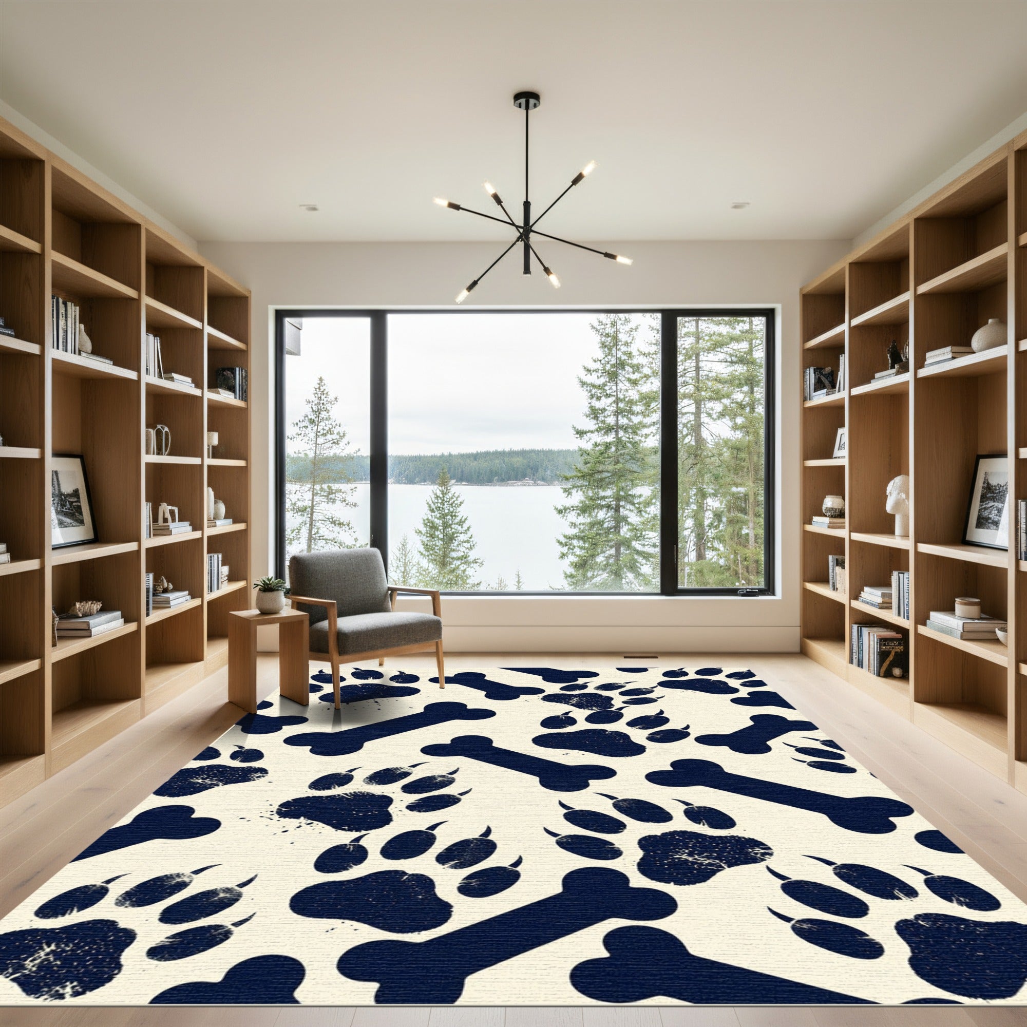 Navy Blue Paw Bone Animal Graphic Rug