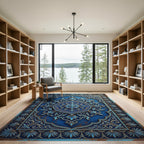 Ornate Royal Blue Filigree Scroll Medallion Rug