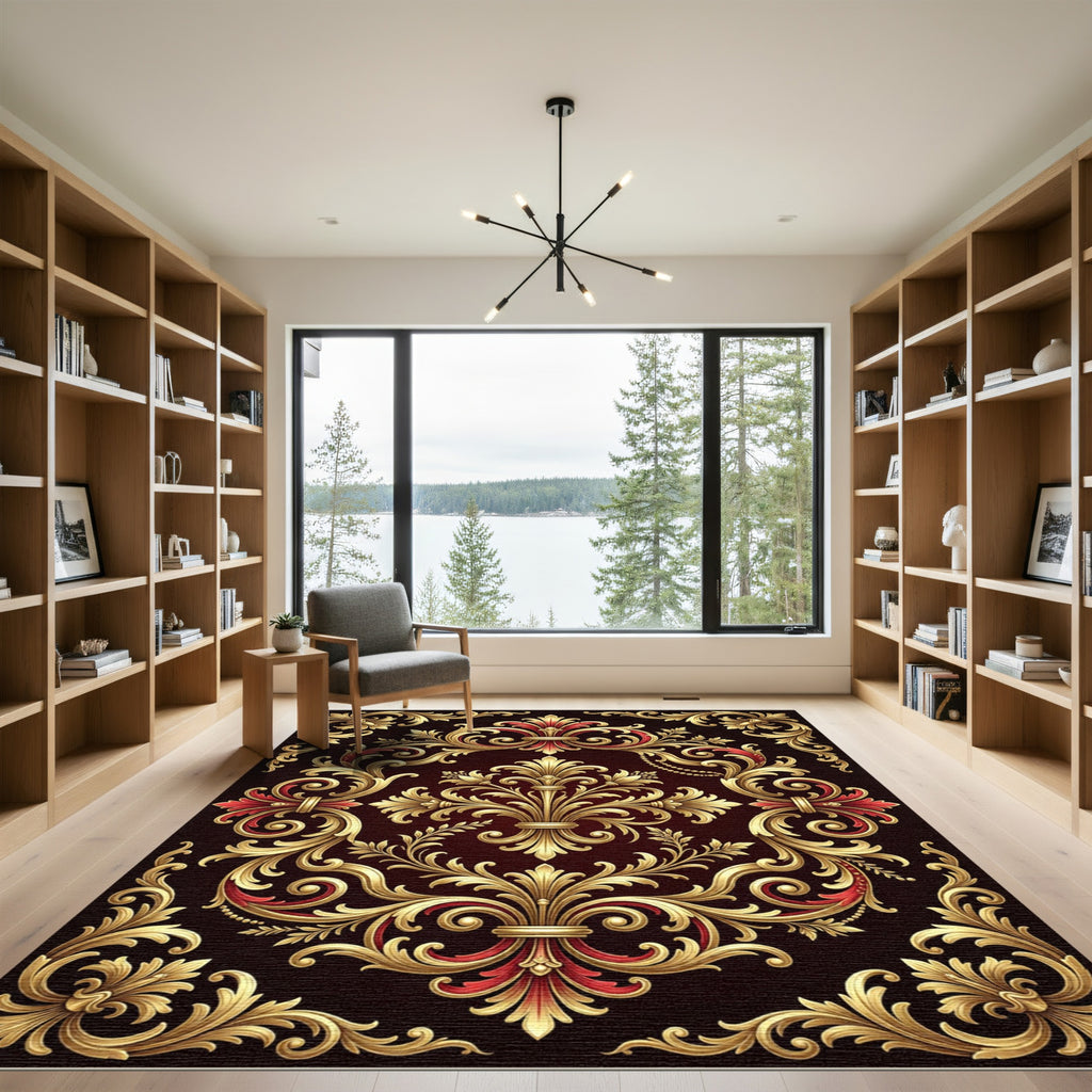 Ornate Gold Red Scrollwork Rug