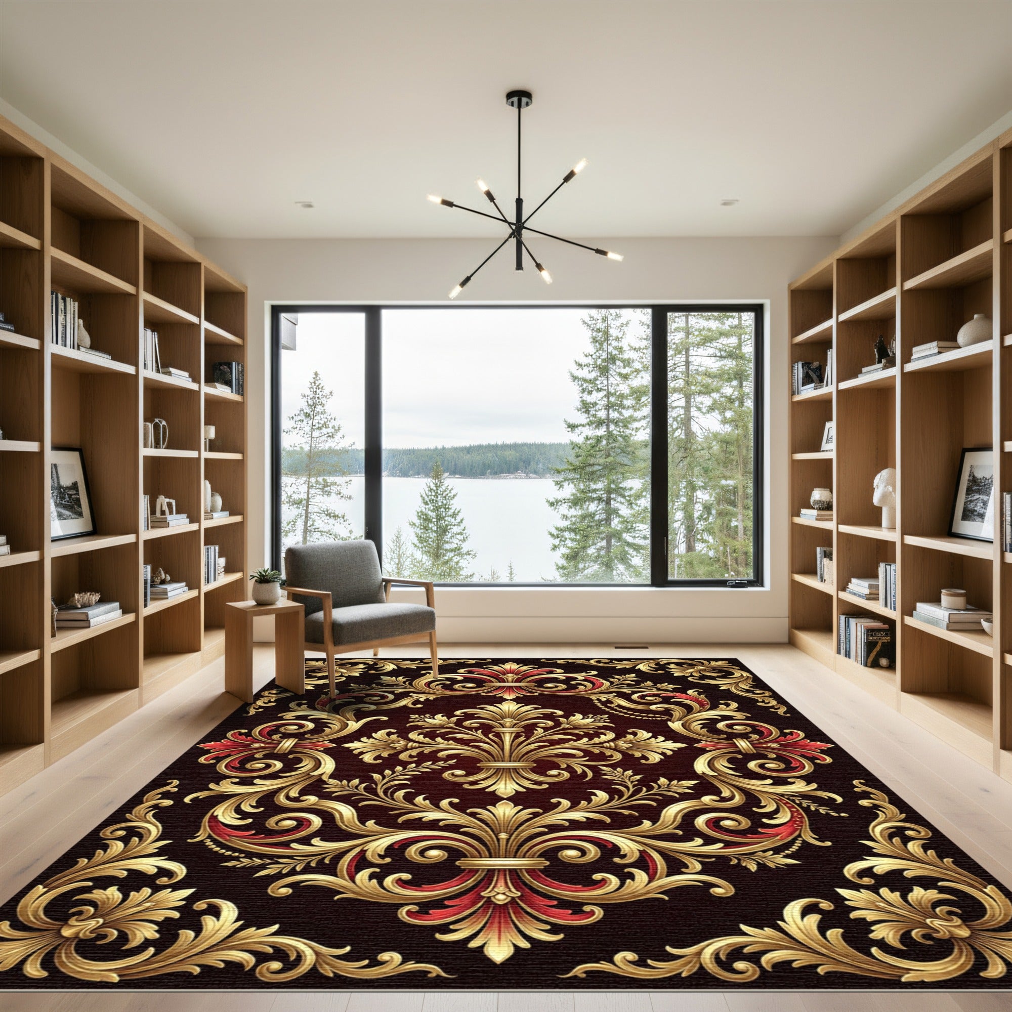 Ornate Gold Red Scrollwork Rug