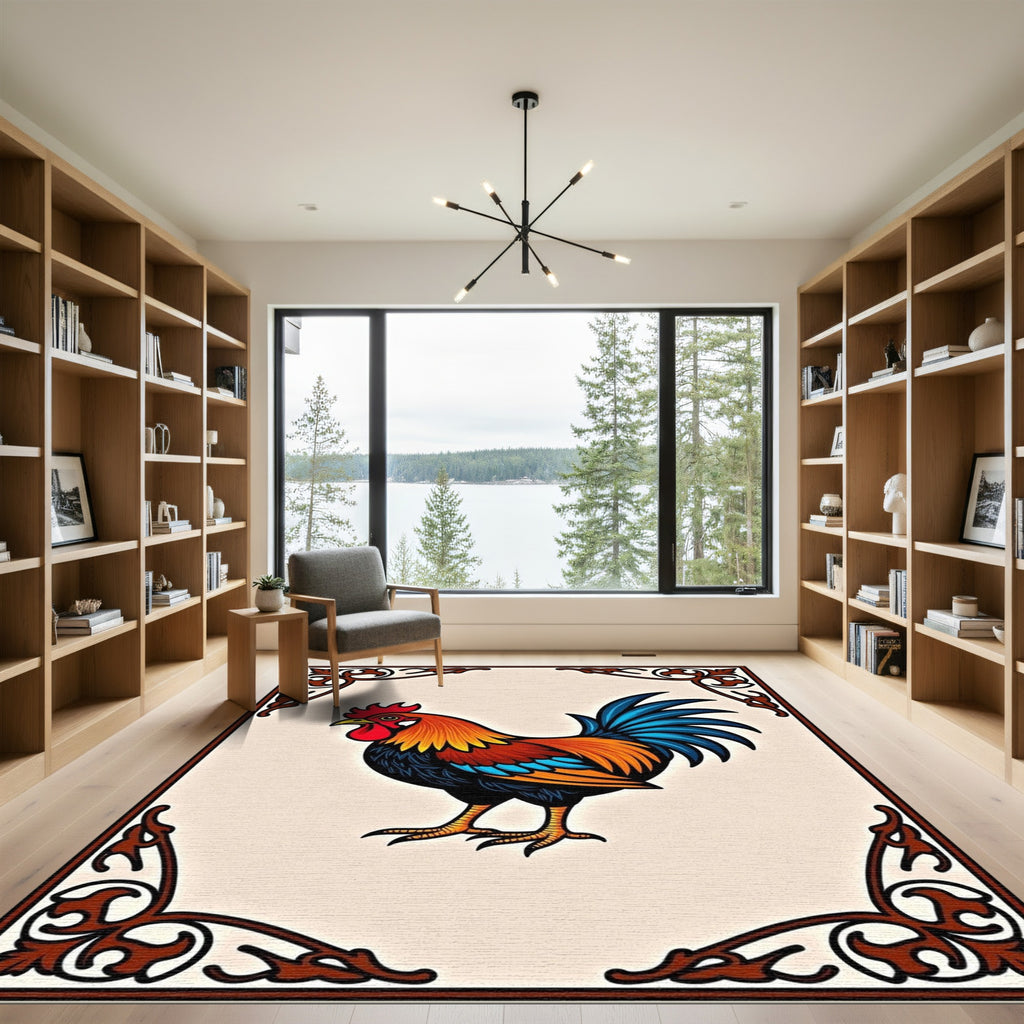 Enchanting Rooster Floral Border Rug