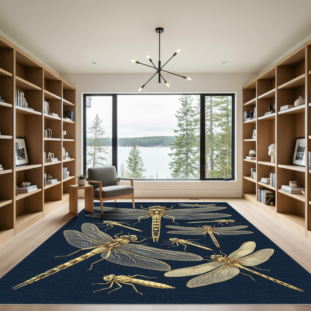 Golden Dragonfly Illustration on Navy Rug