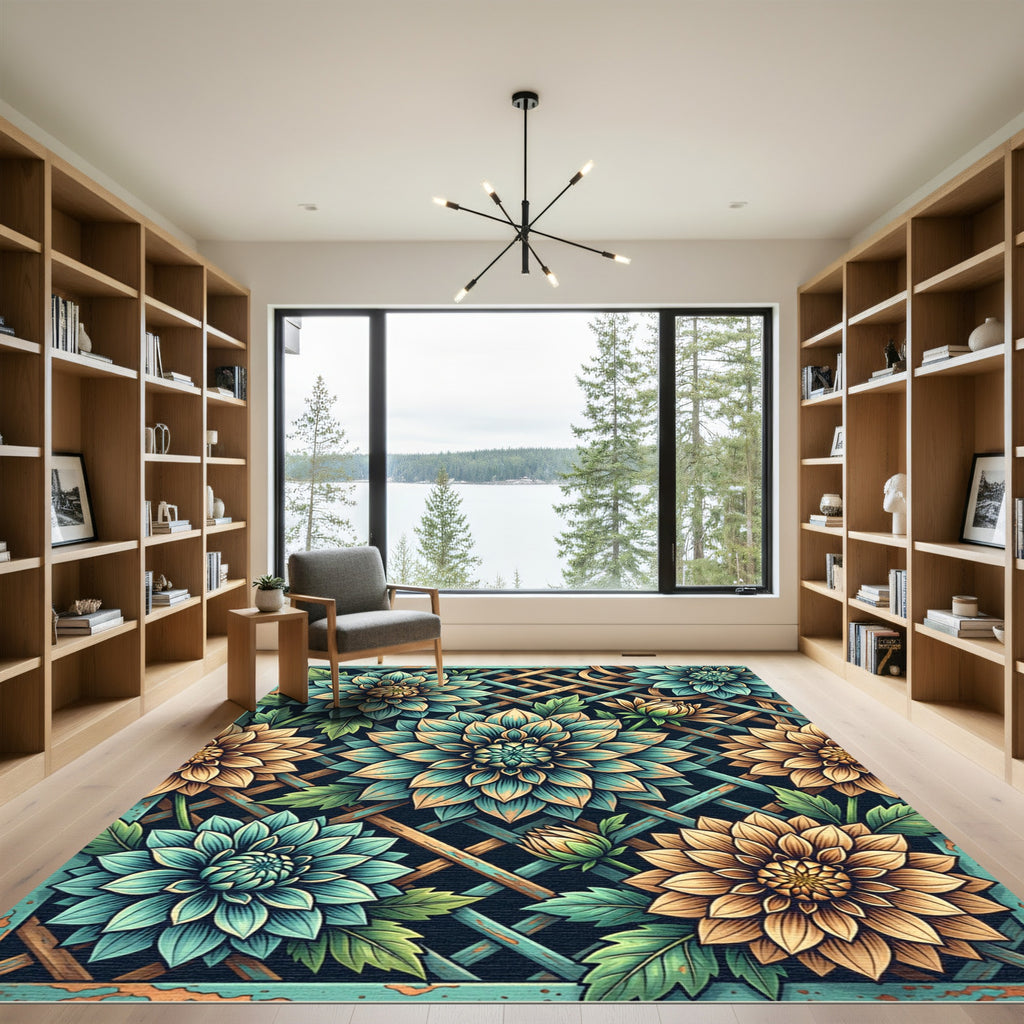Teal and Gold Botanical Dahlia Lattice Rug